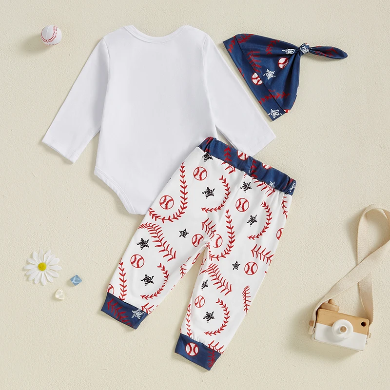 Adorable Baby Boy Autumn Ensemble with Baseball Theme Featuring Letter Print Rompers Elastic Pants and Matching Hat - 3