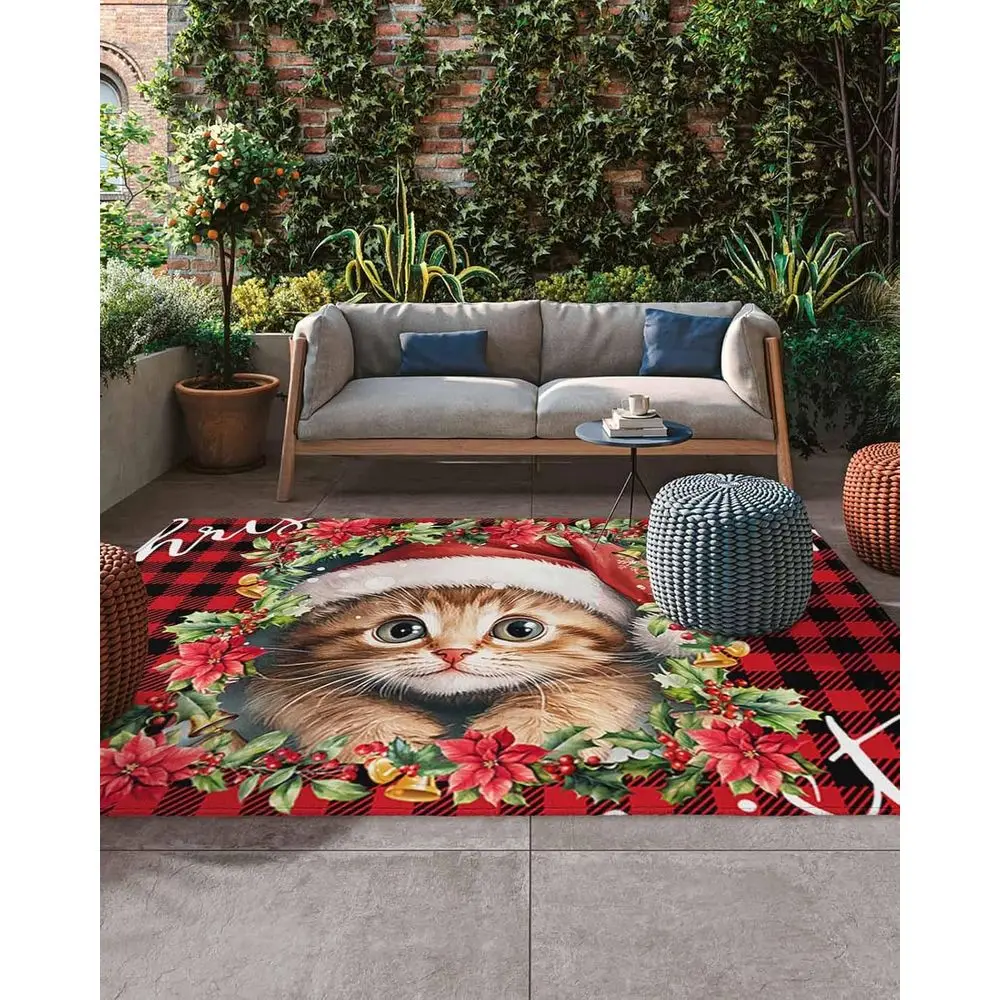 

Зимний праздничный тематический коврик для кошек и Санта-Клауса на открытом воздухе/в помещении, 5x8 футов, дизайн пуансеттии и падуба, идеально подходит для террасы, крыльца и кемпинга