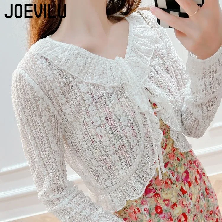 JOEVILU Y2K Korean Fashion Women's Lace Up Floral Cardigan Summer Sun Protection Cover Up Blouse White Chic Shirts Ladies Tops