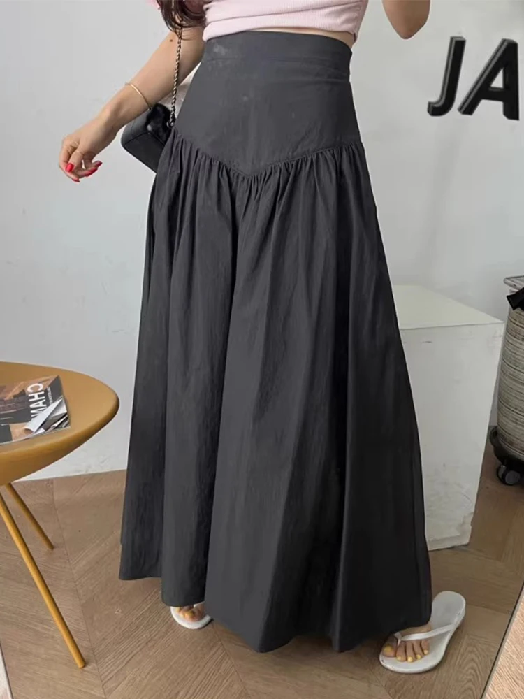 

Chic High Waist A-Line Midi Skirt Spring Sweet Personali Pure Color Pleated Design Slimming Effect Women's f-length Skirt