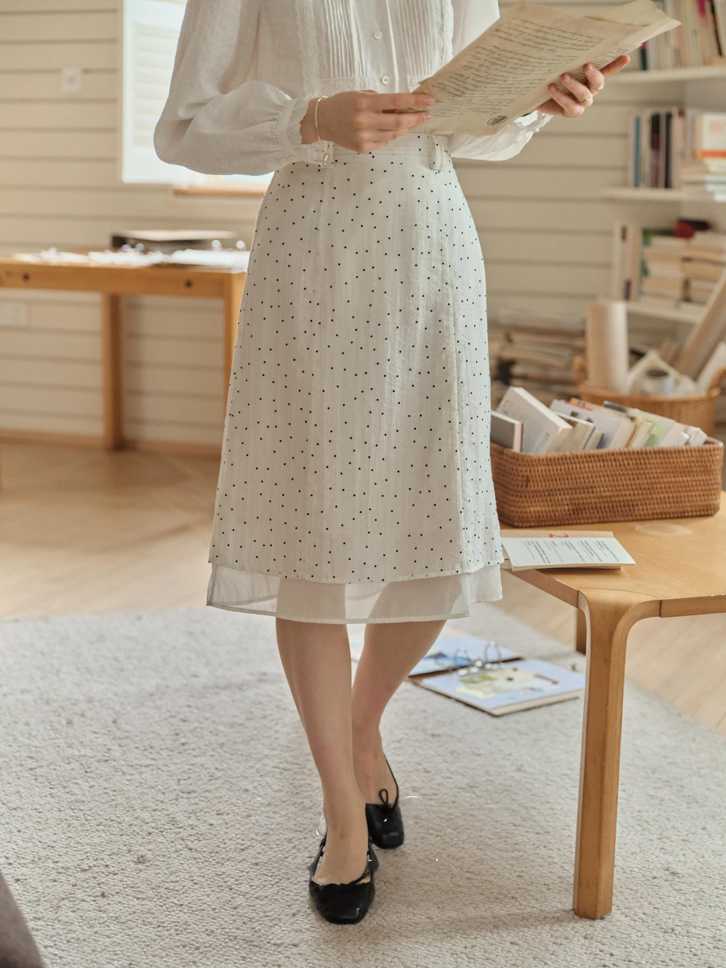 SimpleRetro Women's A-Line  Skirt Polka Dot  Cotton Double Layer Draped High Waist Zipper Closure Skirt