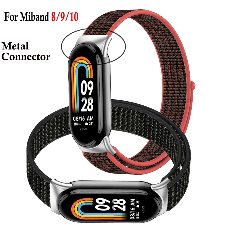 حزام نايلون قابل للتعديل لـ Xiaomi Miband 10 9 8 إكسسوارات سوار لـ Xiaomi Mi Band 8 9 10 حزام ساعة ذكية موصل معدني