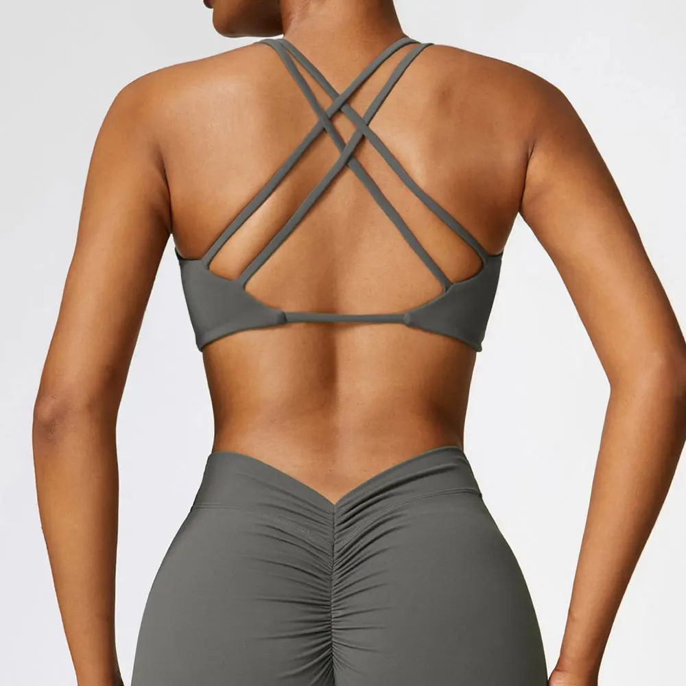 Sujetador deportivo con tirantes cruzados para mujer, ropa interior de Yoga de alto impacto, Bralette acolchado fruncido para correr, Fitness y