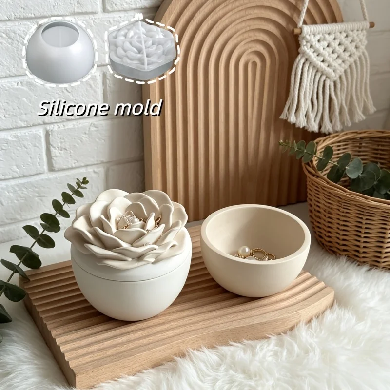 3D-Rosenförmige Aufbewahrungsbox mit Deckel, Silikonform, handgemachte DIY-Aromatherapiekerzen, Gips-Dekorationsform, Weihnachtsgeschenk