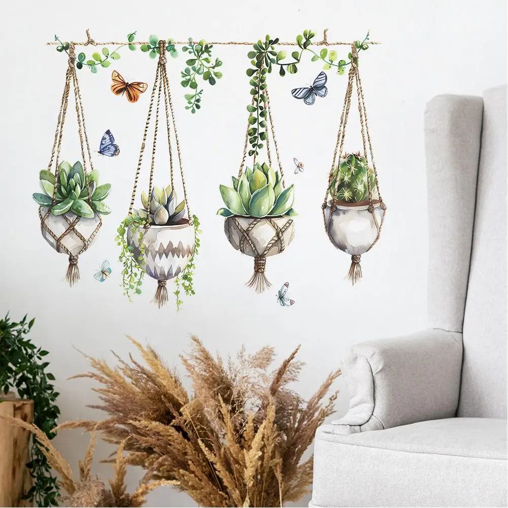 2pcs Hanging Potted Plant Wall Decals Peel Succulent Plants Wall Stickers Home Decor DIY Sticker For Bedroom Sofa Background