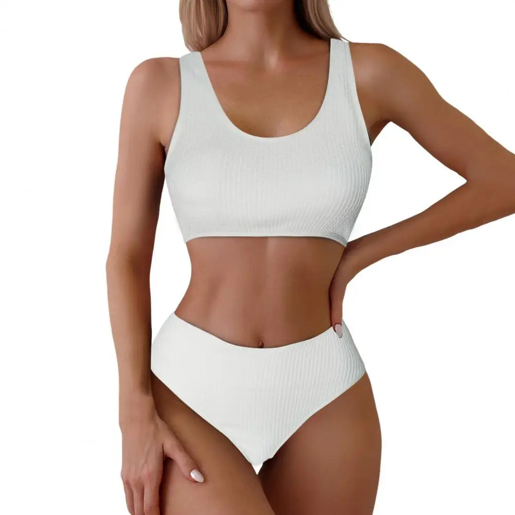 Soft Fabric Bikini Set 2pcs Women Swimsuit Set U-neck Backless Top High Waist Swimming Trunks Solid Color Beachwear Summer