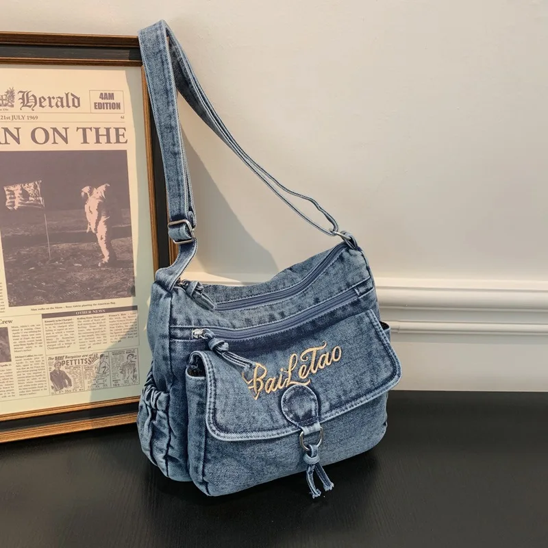 

New Large Capacity Tote Bags Solid Color Washed Denim Shoulder Underarm Bag Casual Multi-function Mommy Commuting Crossbody Bag