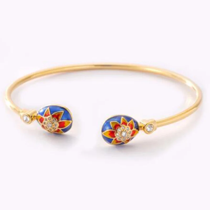 New Elegant Jewelry Lady Bracelet Happy Easter Day Gold Plating Women Enamel Russian Blue Big Flower Faberge Egg Cuff Bangle