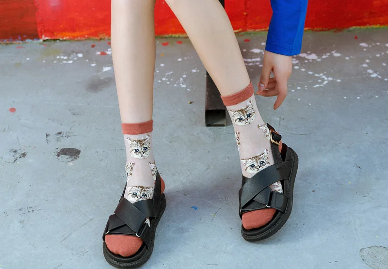 Frauen Transparent Nette Katze Socken Kawaii Damen Japanische Mode Koreanische Trendy Sommer Dünne Kristall Seide Socke Glasfaser Strumpf – Detail 11
