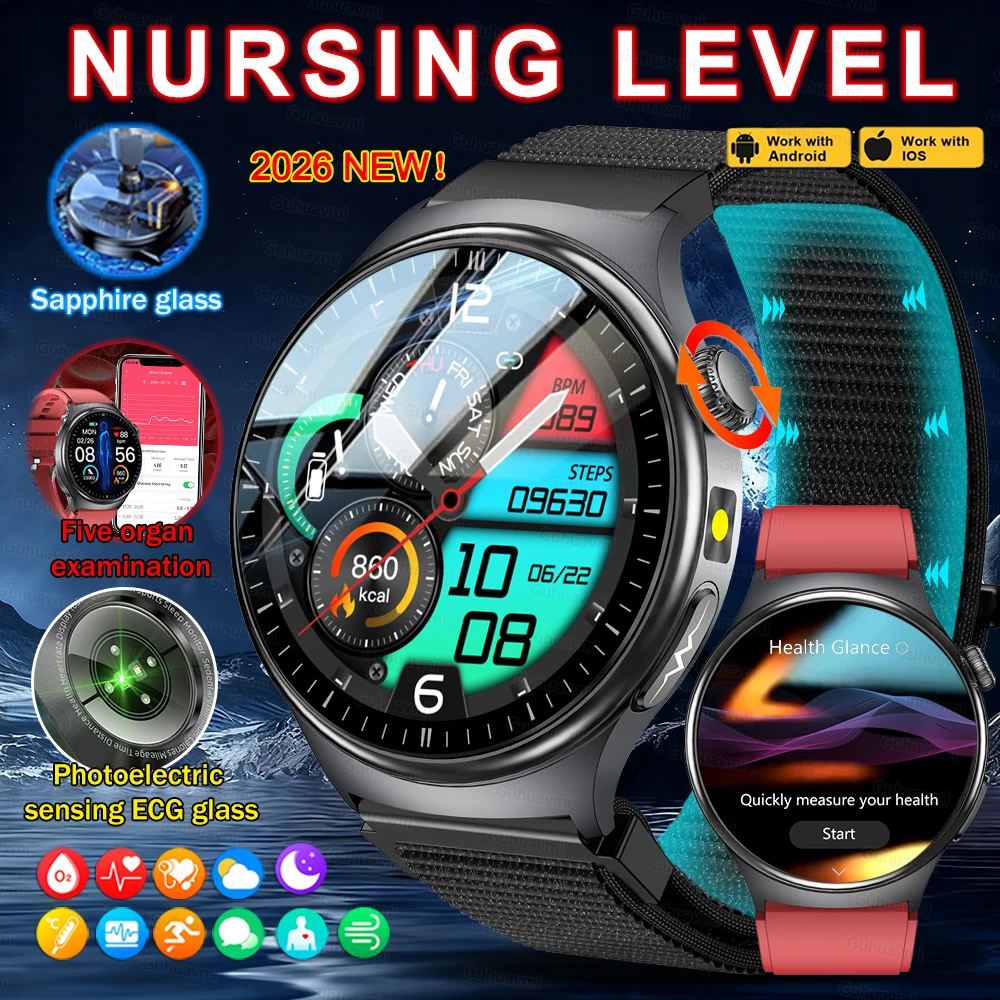 

2026 Новые сапфировые часы ЭКГ + PPG, жир в крови, мочевая кислота, умные часы для здоровья, мужские и женские умные часы с пульсометром, кровяным давлением, голосовым вызовом