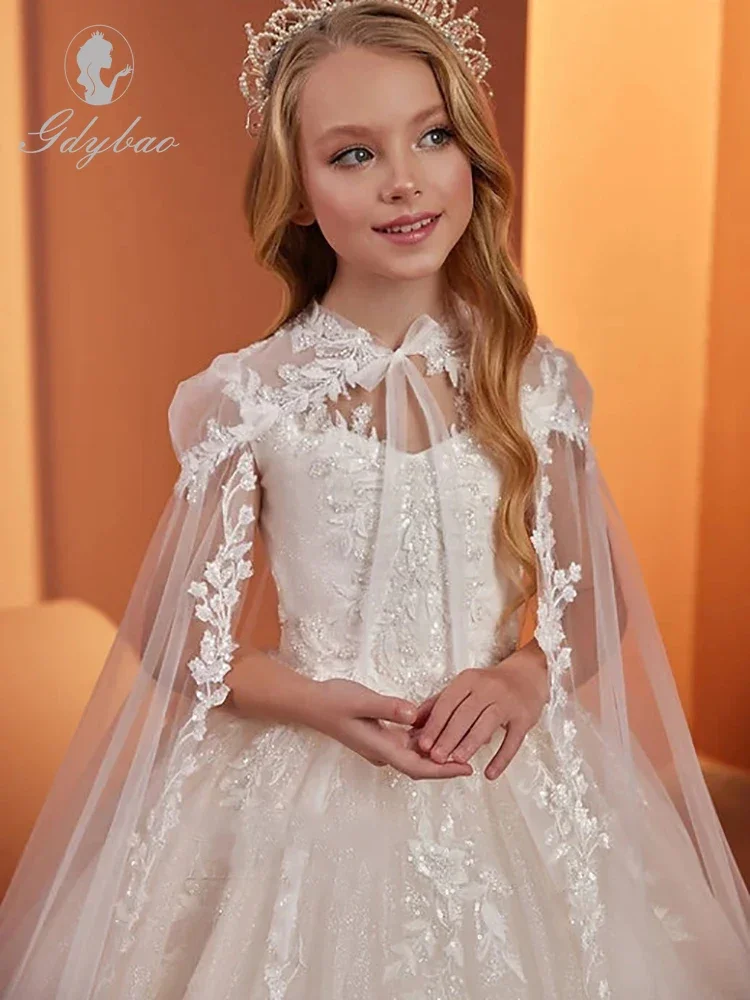 Lace Flower Girl Dress For Wedding Sleeveless with Cape Puffy Shining Elegant Princess First Communion Birthday Gowns