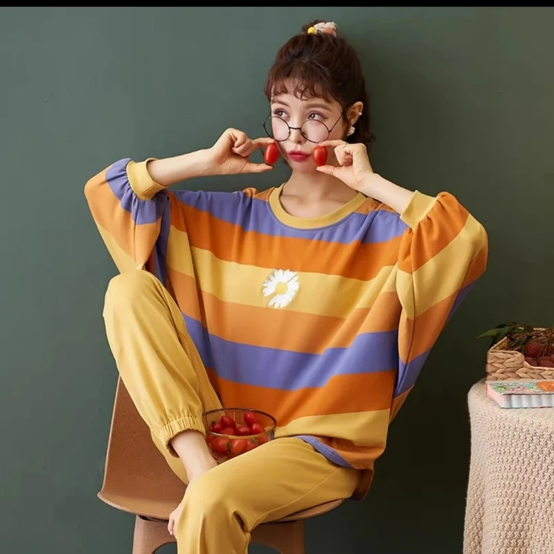 

Cotton Pajamas Women's Spring and Autumn Home Suits Women's Simple Loose Casual Suit Sleepwear Broken Code Clearance Half Price