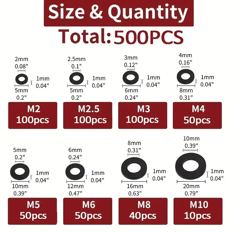 500Pcs Mixed Sizes M2-M10 Black & White Nylon Flat Washers Insulating Gaskets for Screws And Bolts Kit