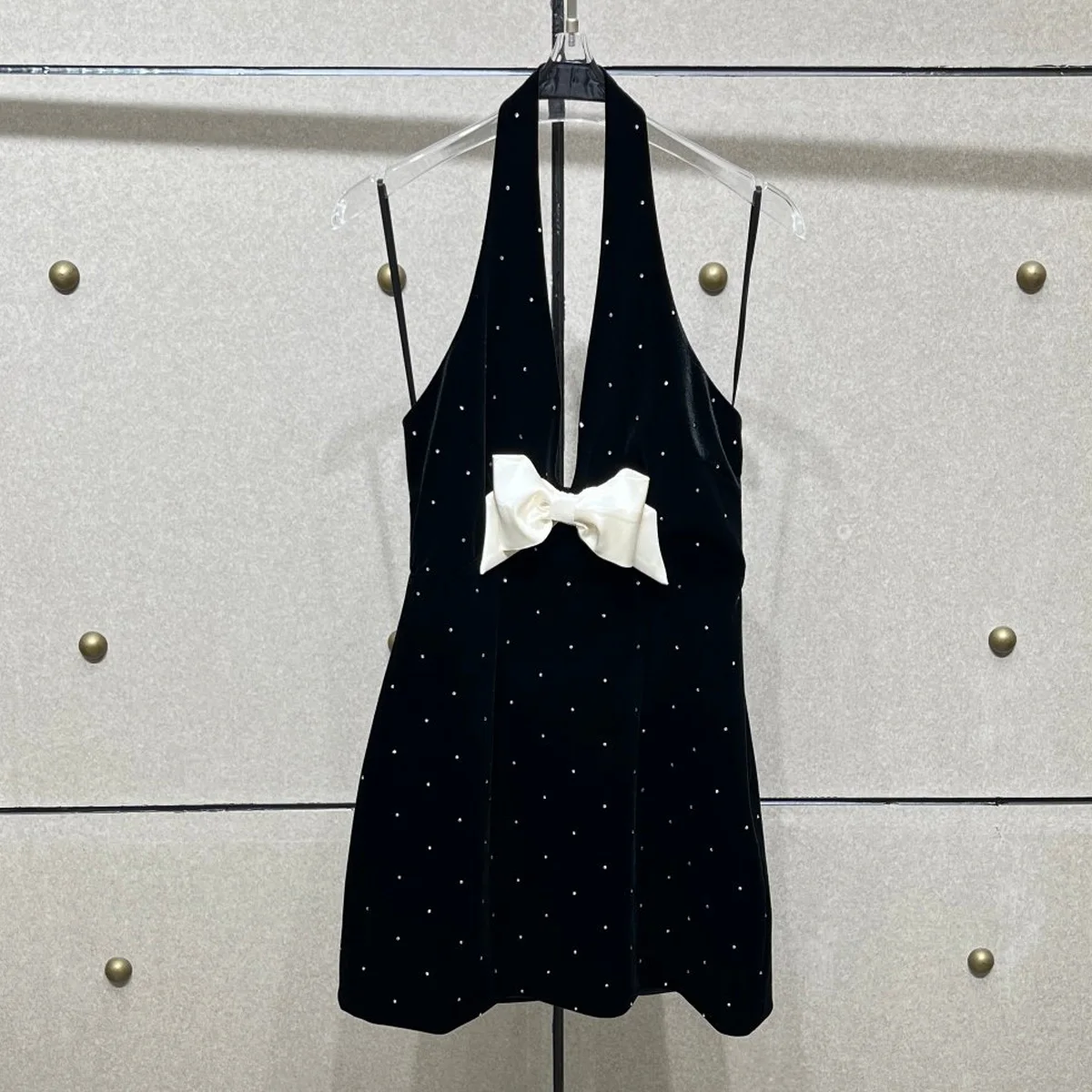 High Quality Women Halter Neck Mini Dress Rhinestone Decor Contrast Color Bow Detail Back Zipper Elegant Party Short Dresses