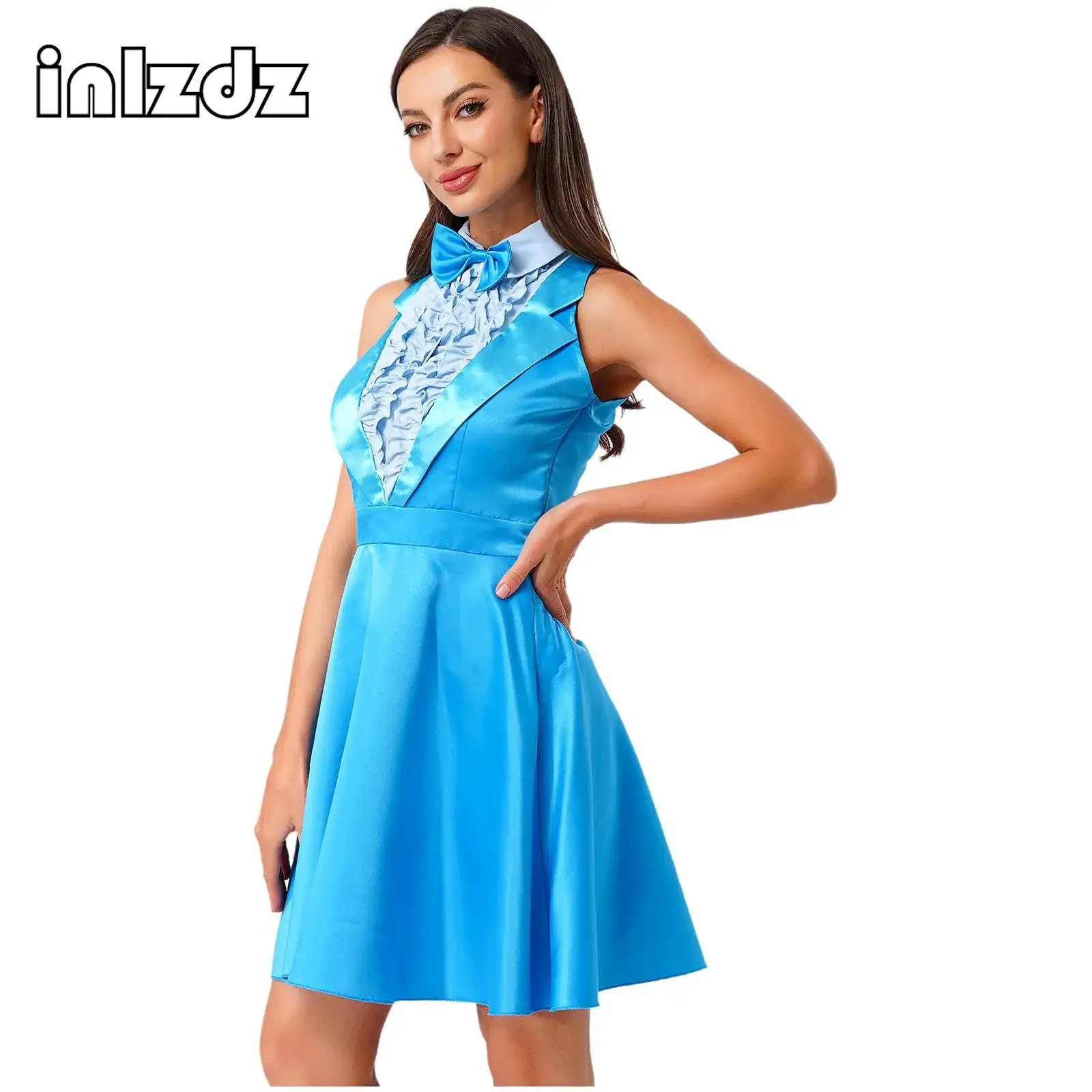 

Womens 80s Dumber Cosplay Costume Lapel Sleeveless Dress And Bowtie Set for Raves Party Halloween Carnival Performance Dress Up