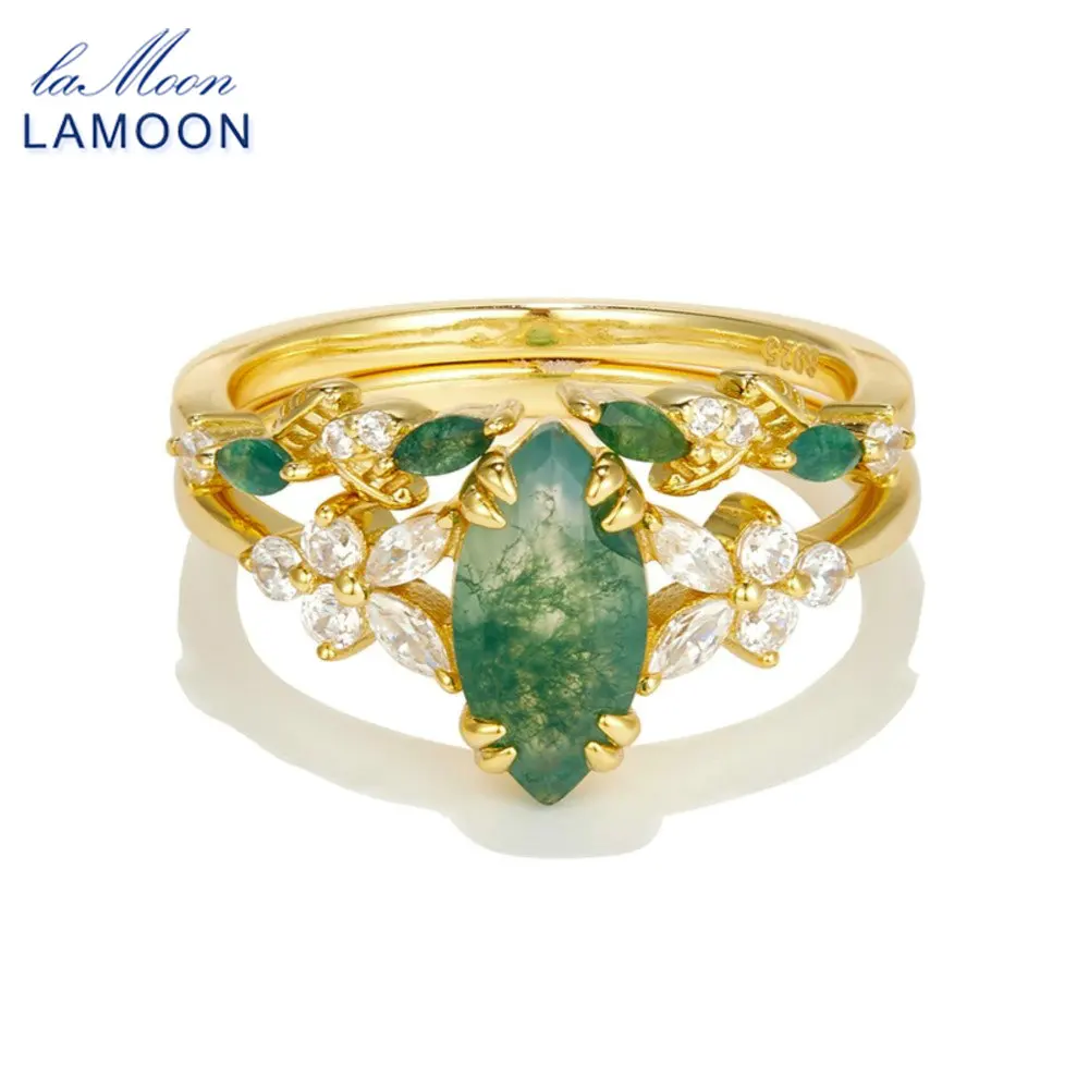 

LAMOON винтажные наборы колец с натуральным моховым агатом и драгоценным камнем для женщин, роскошные элегантные ювелирные изделия из стерлингового серебра 925 пробы с позолотой