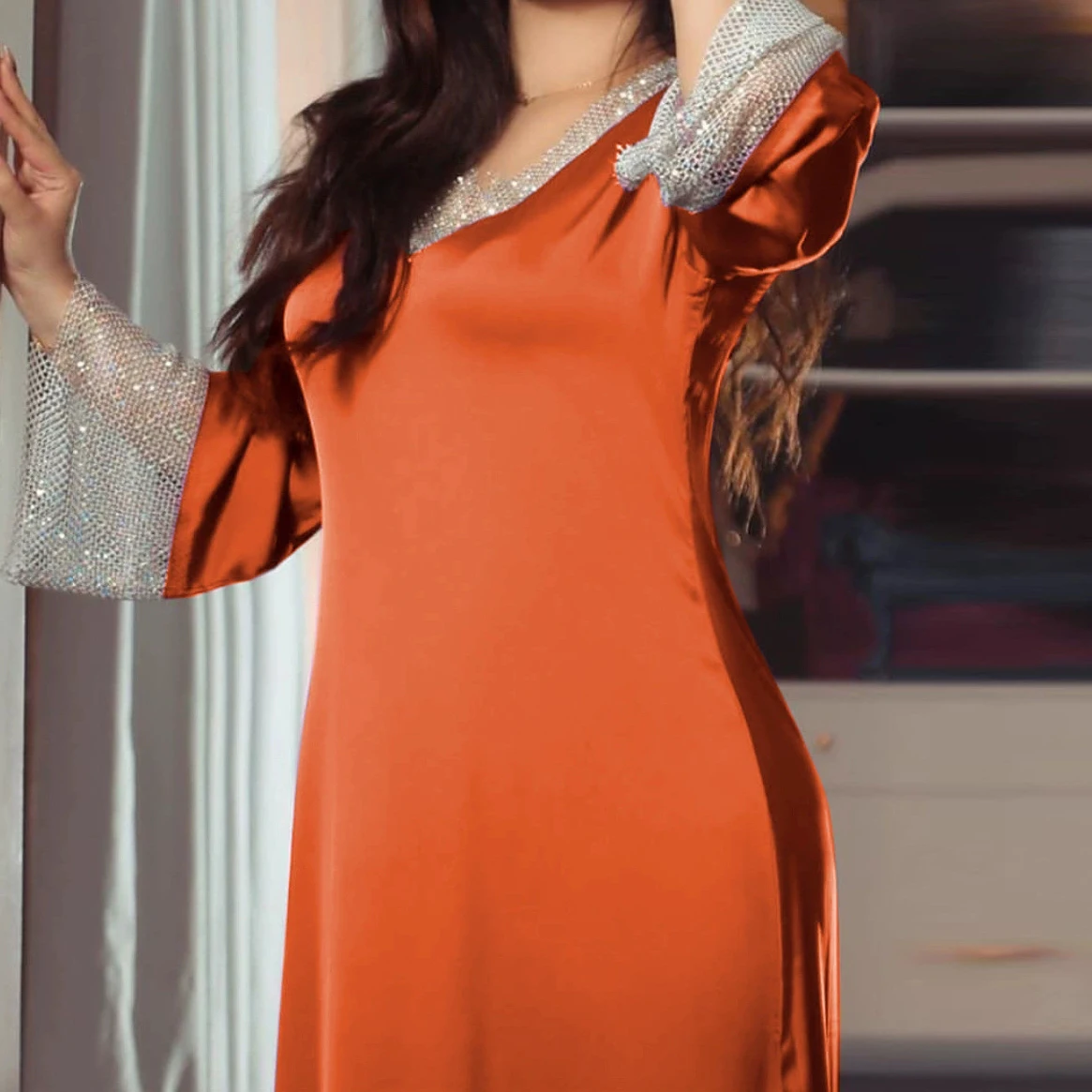 

Dubai Türkiye Middle East satin sequins full diamond mesh long dress Muslim women-GZXX657