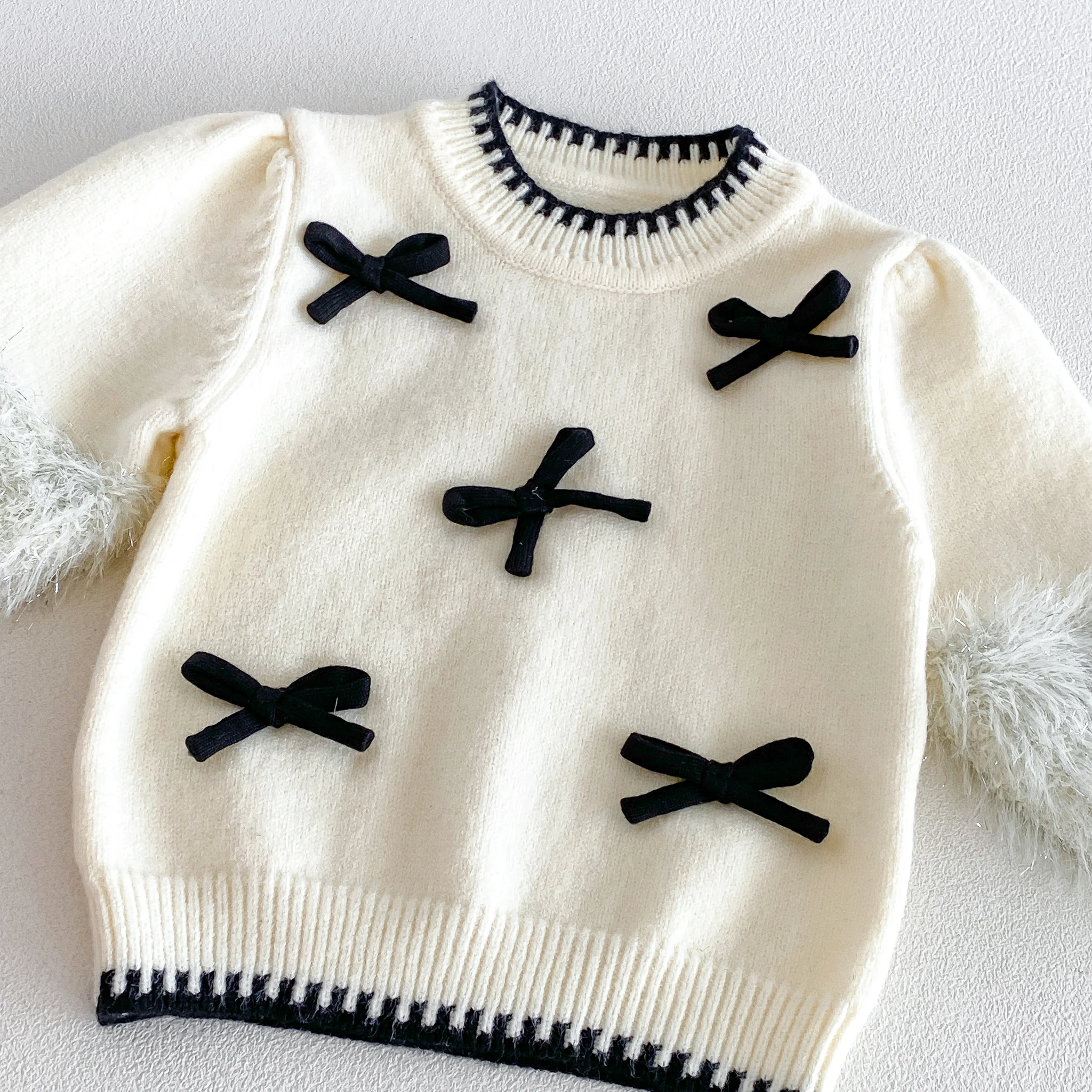 2026 Neues Herbst-Winter-Mädchen-Set für Kleinkinder: Stilvolles Strick-Oberteil mit Schleife und ausgestellter Hose, zweiteiliges Outfit – Detail 7