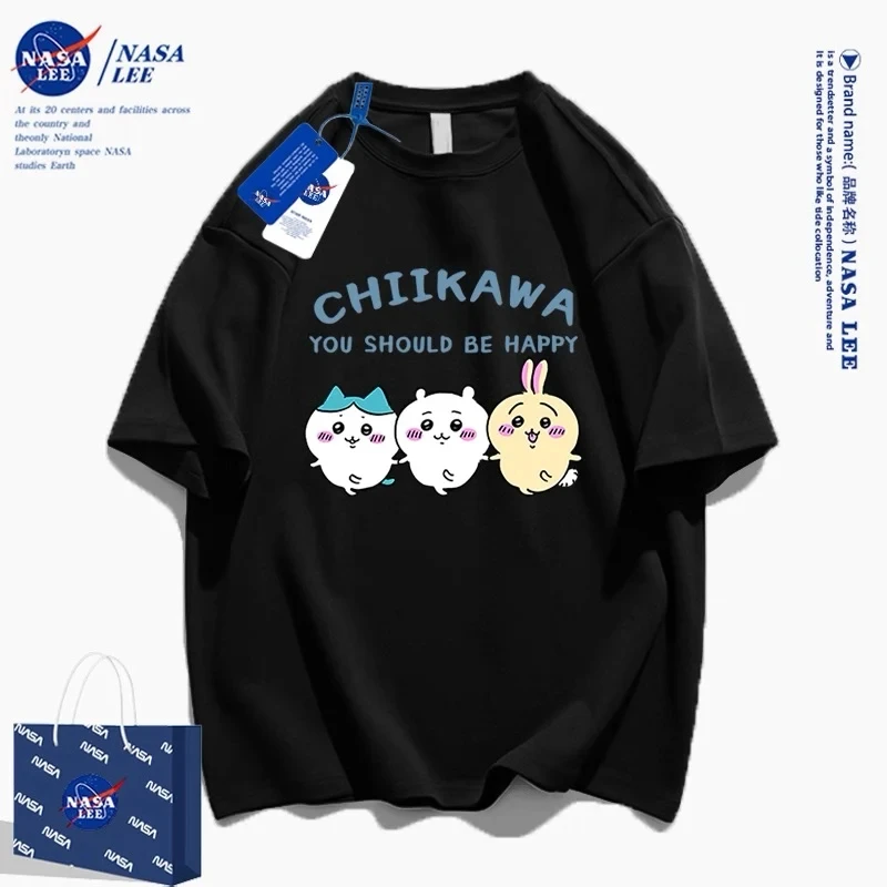 Chiikawa You Should Be Happy T-shirt Unisex Cute Three Characters Cartoon Print WhiteShort Sleeve Cotton Tee