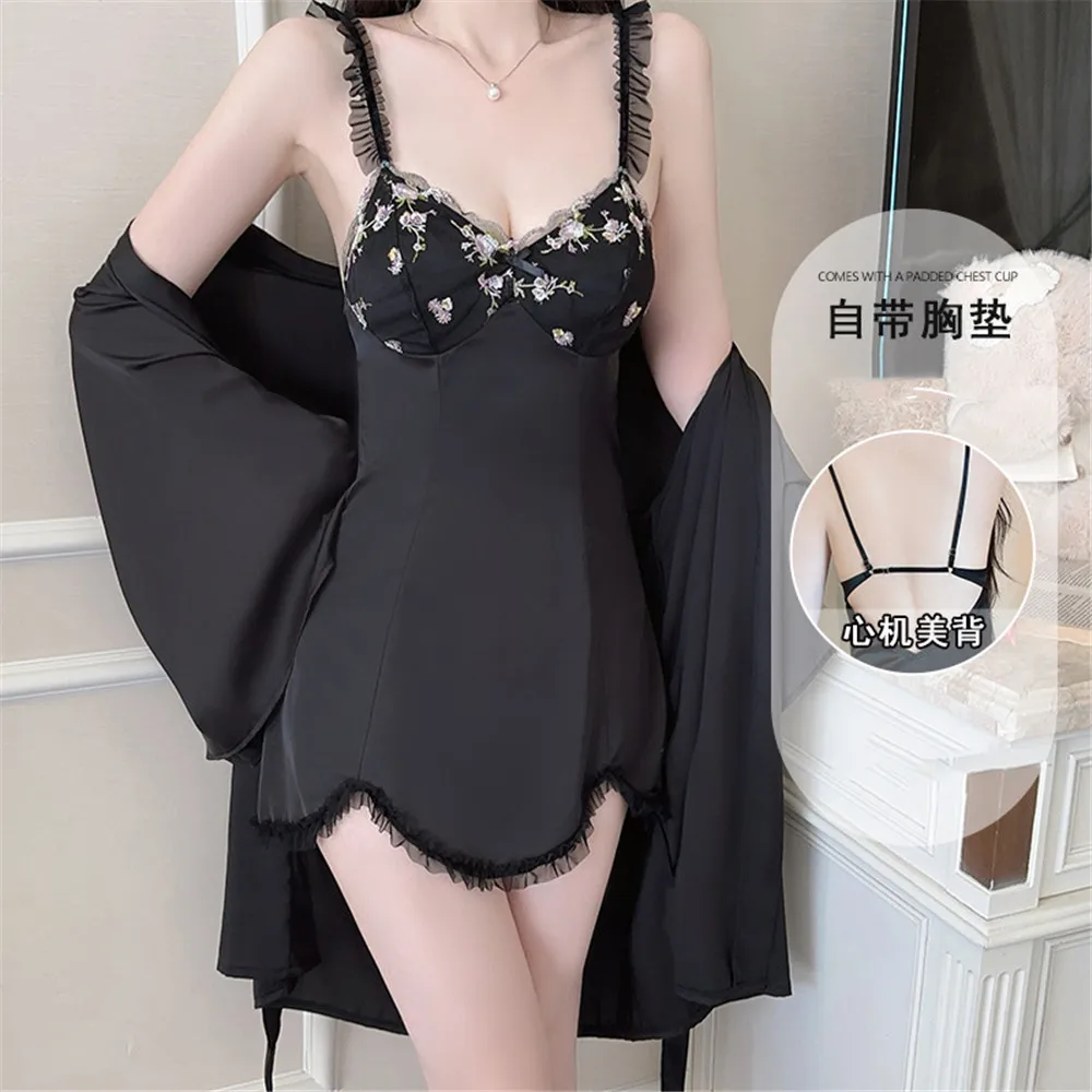 

Женский халат из 2 предметов с вышивкой, комплект ночной рубашки, сексуальная ночная рубашка на подтяжках, нижнее белье, летнее кимоно, халат, домашняя одежда, одежда для отдыха