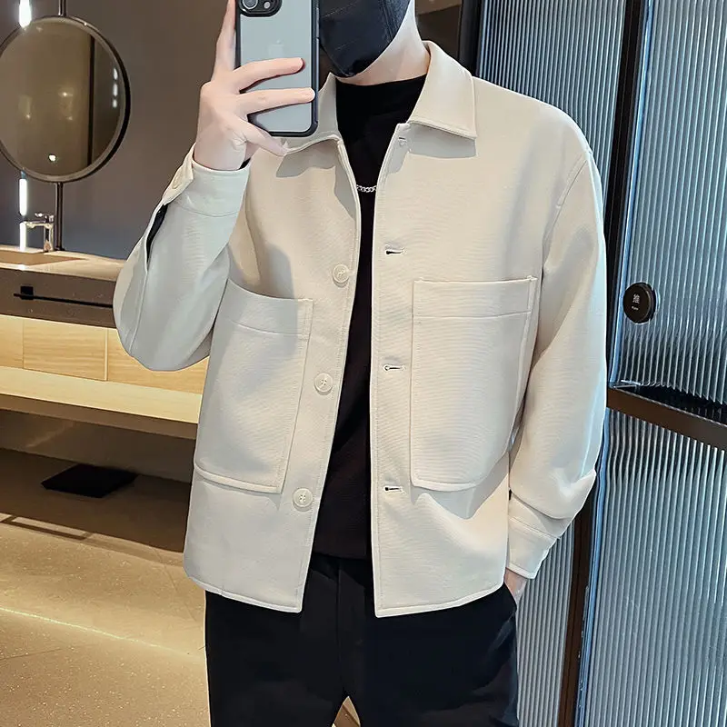 

Autumn Winter New Fashion Turn-down Collar Long Sleeve Whisper Solid Jackets Men's Clothing Pocket Casual All-match Button Tops