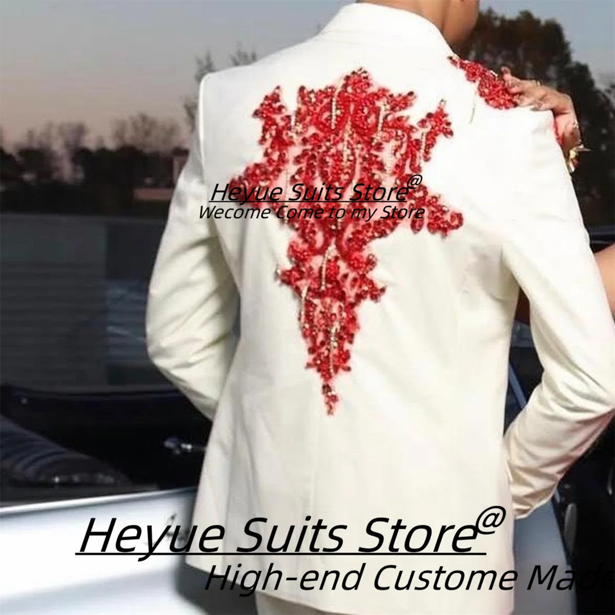 

Handsome White Groom Wedding Tuxedos Customized Slim Fit Notched Lapel Men Suits Male Prom Blazers 2 Pieces Sets Costume Homme