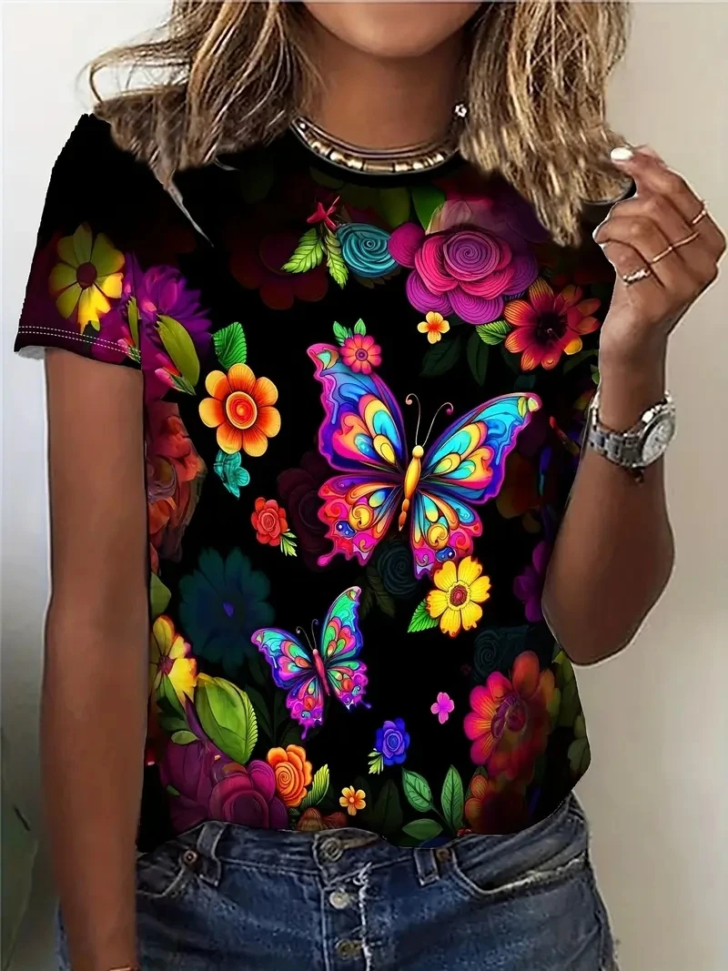 

Женская футболка больших размеров с короткими рукавами и ярким 3D-бабочкой с цветочным принтом, свободная и повседневная, мягкая, удобная и дышащая