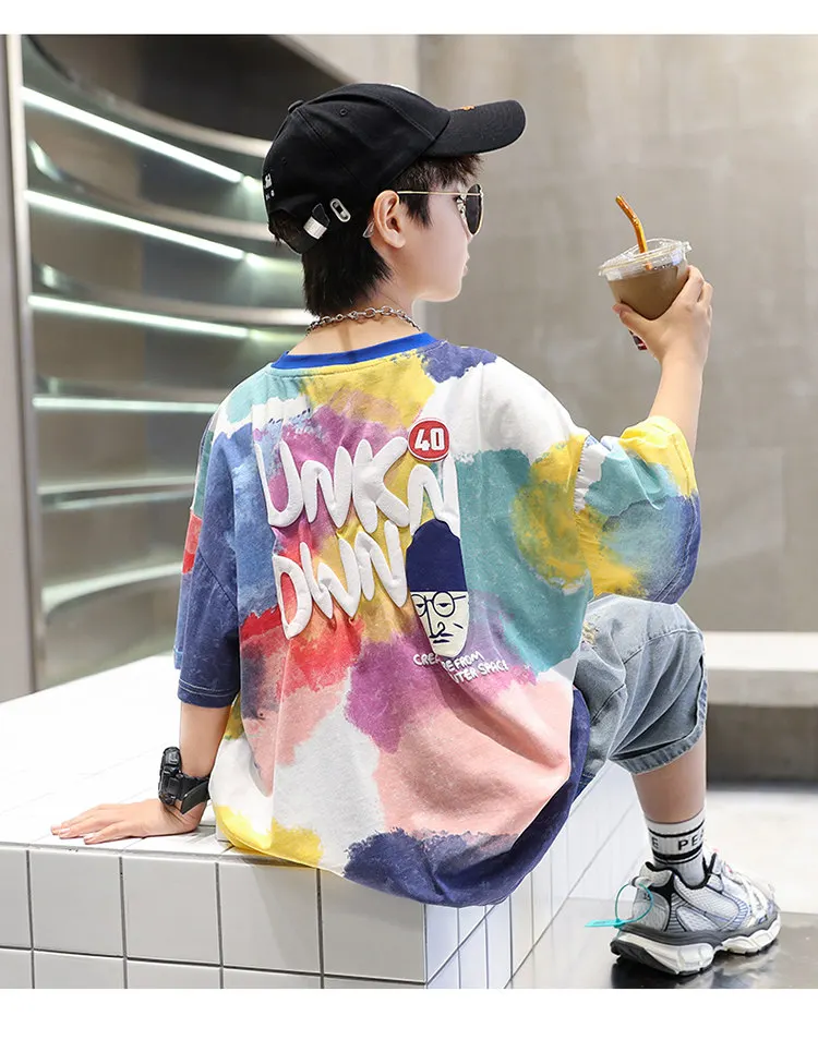 Sommer Tie-Dye Coole Kinder Jungen Freizeit-Oberteile Bedrucktes Trendiges Kinder-T-Shirt Kurzarm Teenager-T-Shirts Baumwoll-T-Shirt 4-14 Jahre Alt – Detail 6