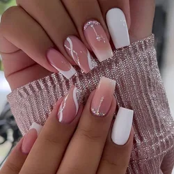 24pcs Summer Long Ballerina Fake Nails French white Diamond False Nails Full Cover Press on Nails DIY Detachable Manicure