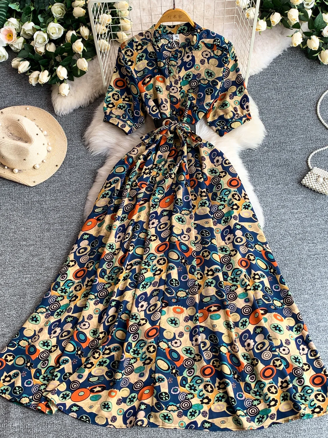 Retro Geometric Print round Neck Long Dress Women's Summer Belted Slimming Full Skirt Dress Commute Style Short Sleeve Button