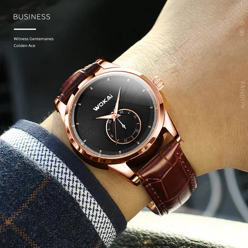 WOKAI high quality fashion personality large dot men\'s leather belt quartz watch men without polar waterproof clock simple retro