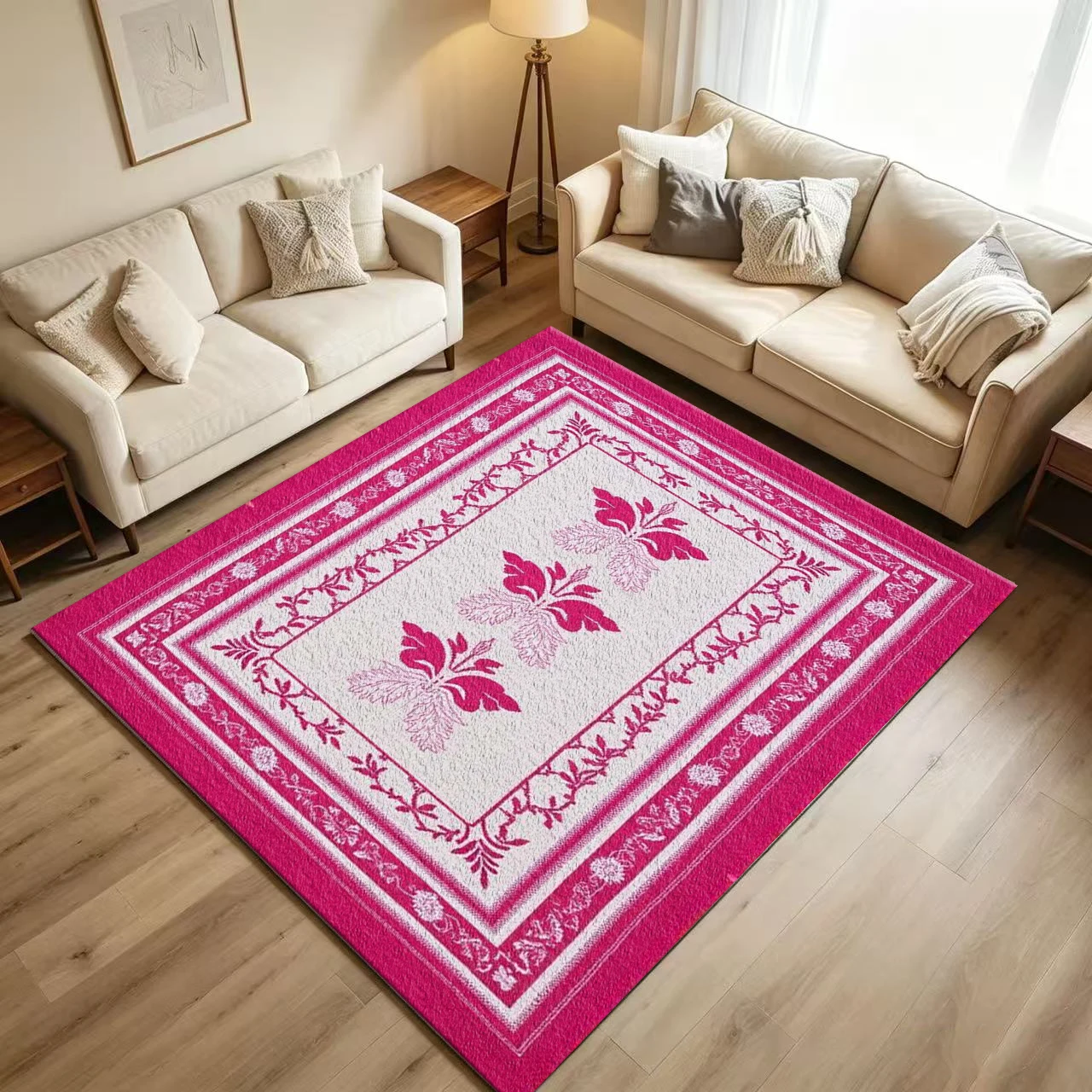 Retro Magenta Floral Leaf Carpet Flooring Multi‑Layer Ornate Vine Border Printed Floor Rug for Household Indoor Vintage Home Decoration