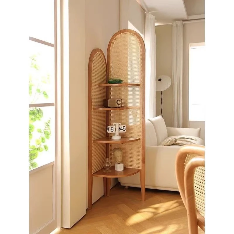 Furnitur Rak Segitiga Rak Buku Retro Kayu Solid Ruang Tamu Penyimpanan Rotan Sofa Kamar Tidur Lantai Kabinet Sudut