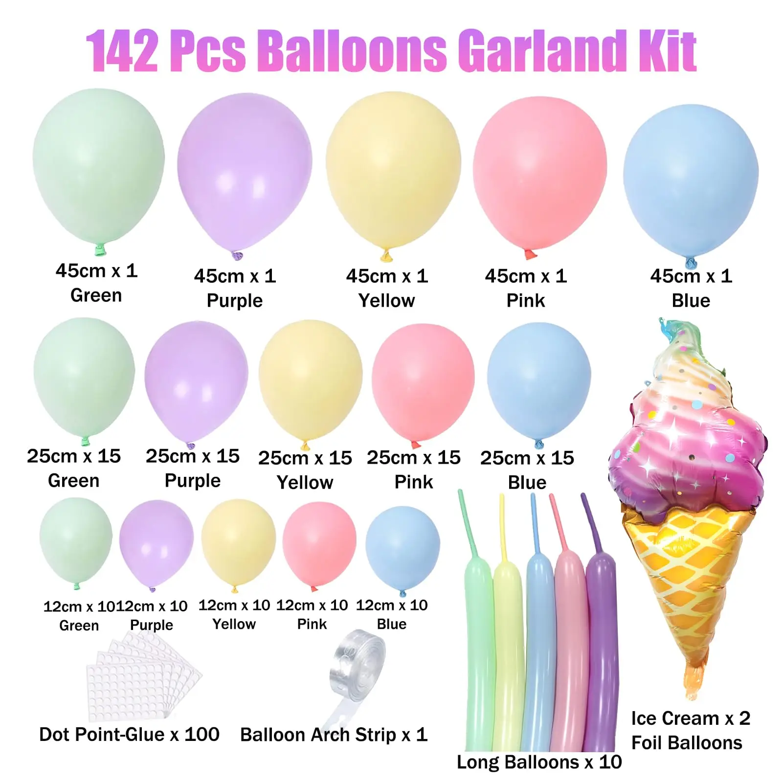 142pcs Pastel Balloons Garland Arch Kit Macaron Rainbow Ice Cream Foil Balloon for Baby Shower Girls Birthday Theme Party Decor