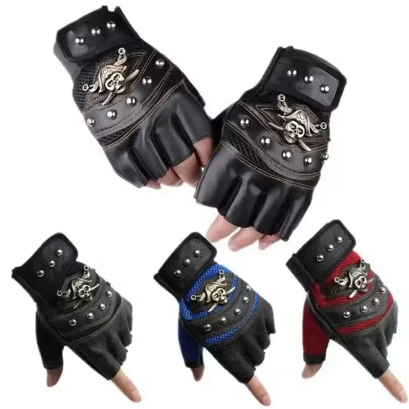 Pirate Captain Rivet Skull Half Finger Gloves for Unisex PU Leather Hip Hop Motorcycle Riding Fitness Waterproof Portable Gloves