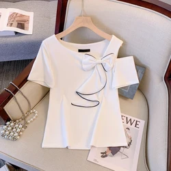2024 Summer Korean Style T-Shirt Women Chic Sexy Hollow Out Skew Collar Color Blocking Big Bow Tops Plus Size Short Sleeve Tees