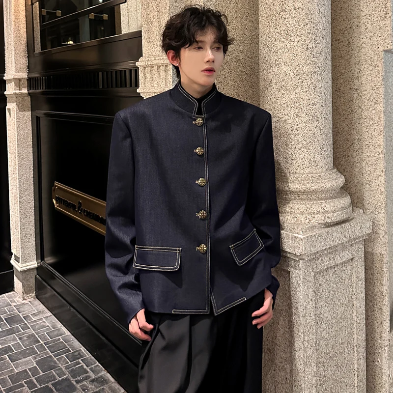

New Chinese Sle Stand Collar Suit Zhongan Coat College Sle ex Japanese Sle Cool Button up Denim Western Jaet