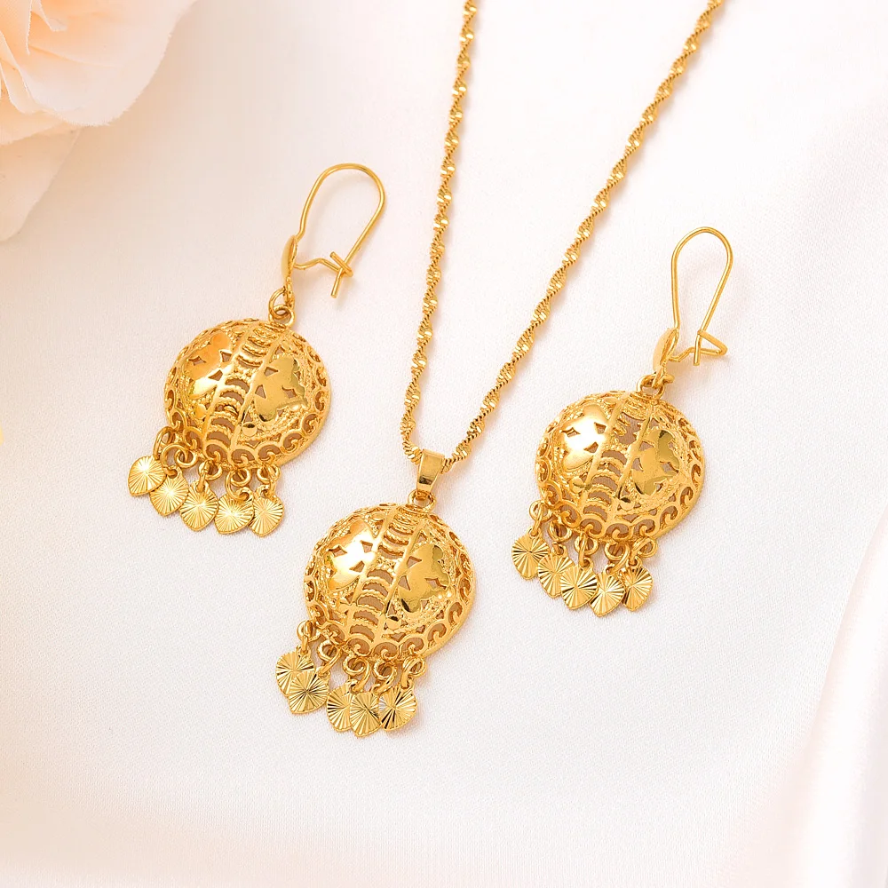 Dubai Gold Color Necklace Earring Set Party Jewelry Sets Round Gift Charms Girls Kid Jewelry