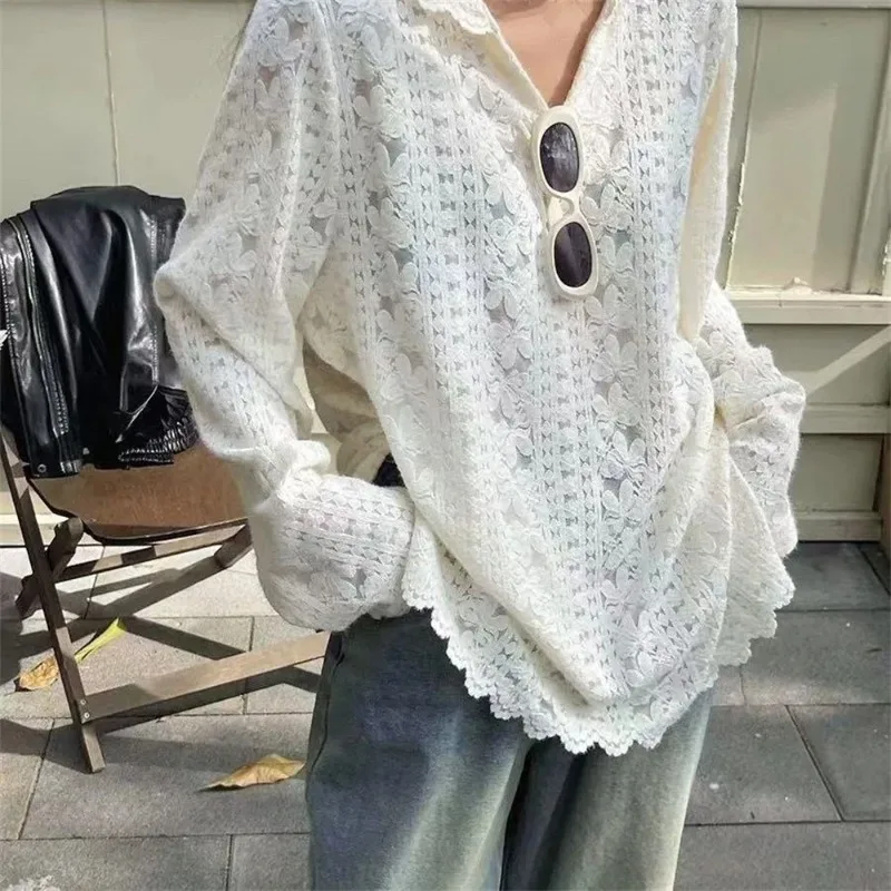 

High Quality White Hooded Lace Knit Loose Design Spring Autumn Korean Style Elegant Long Sleeve Crocreted All-match Female Tops