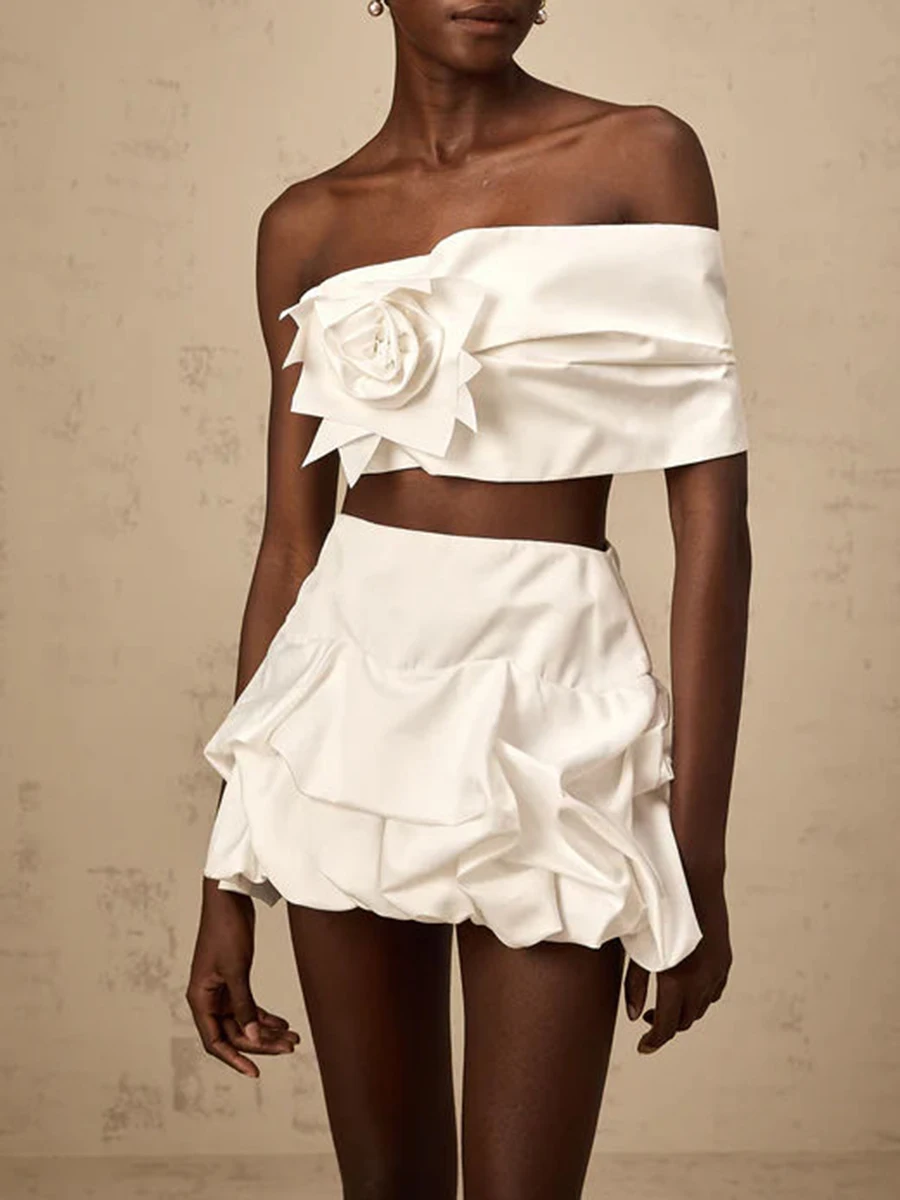 VGH مجموعات مكونة من قطعتين مثيرة للنساء بدون حمالات مكشوفة الكتف وأكمام عالية الخصر تنورة قصيرة مجموعة مصممة أزياء نسائية #3