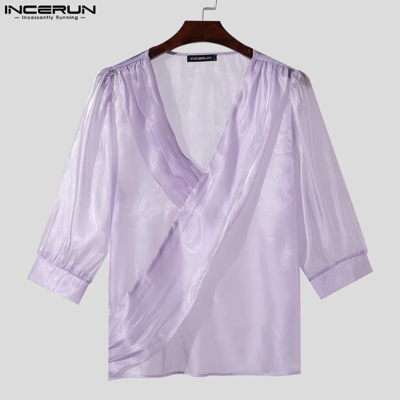 INCERUN Men Shirt Solid Color V Neck 3/4 Sleeve Streetwear Transparent Men Clothing Pleated Fashion Casual Male Shirts S-5XL