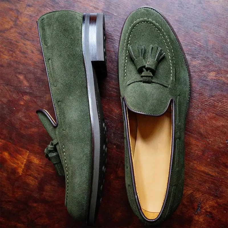 Loafers Men Brown Green Flock Fringe Casual Breathable Slip-On Solid Shoes for Men Zapatos De Hombre