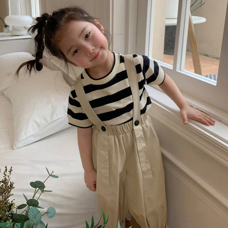 Spring Summer Kids Children Solid Adjustable Wide Leg Overalls Baby Girls Clothes Loose All-match Casual Pants Outfits