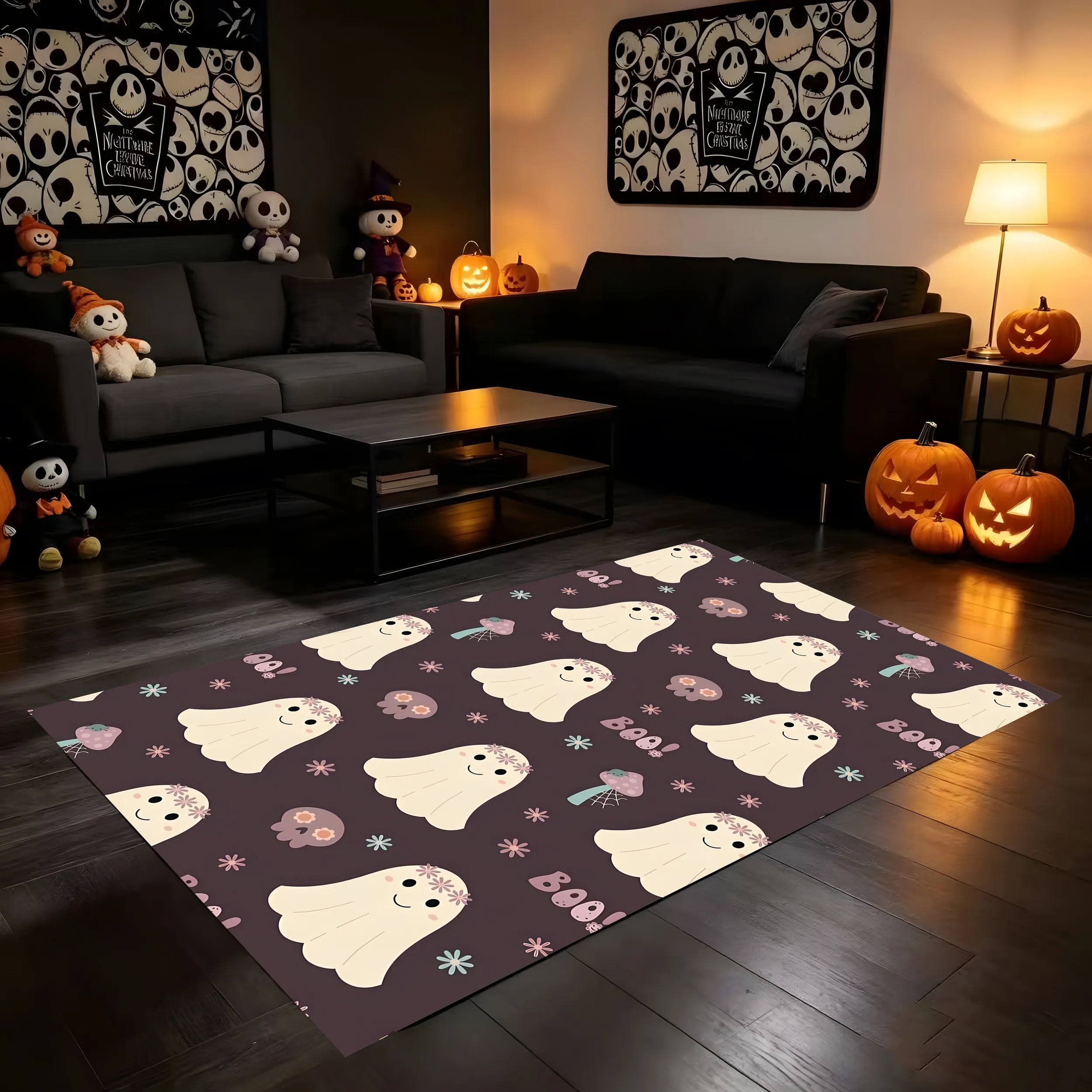2D Rug Cute Ghost Design Boo Pattern Cute Cartoon Style Lively Eye Catching Creating Spooky Halloween Atmosphere Carpet Carpet