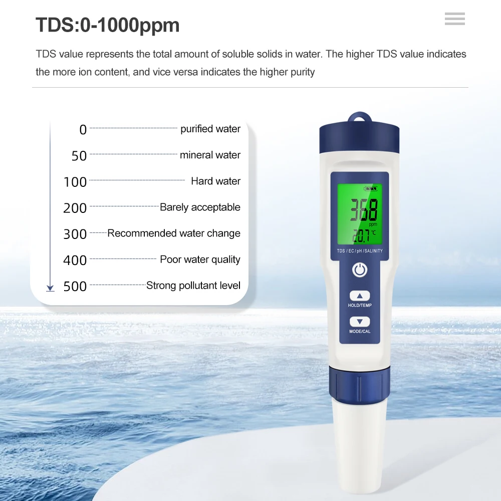 5 In 1 Digital PH TDS EC Meter Pen Tester di temperatura di salinità purezza del filtro di conducibilità con retroilluminazione per l\'acqua