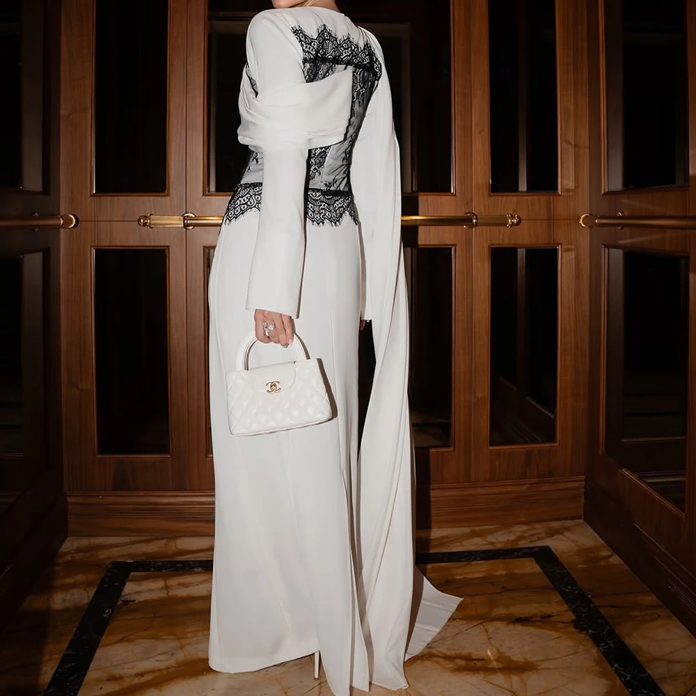 

Customized A-line Evening Dresses Floor-length V-neck Full Sleeve Prom Gown Fashion Lace Simple Stole Draped Casual Party Gown