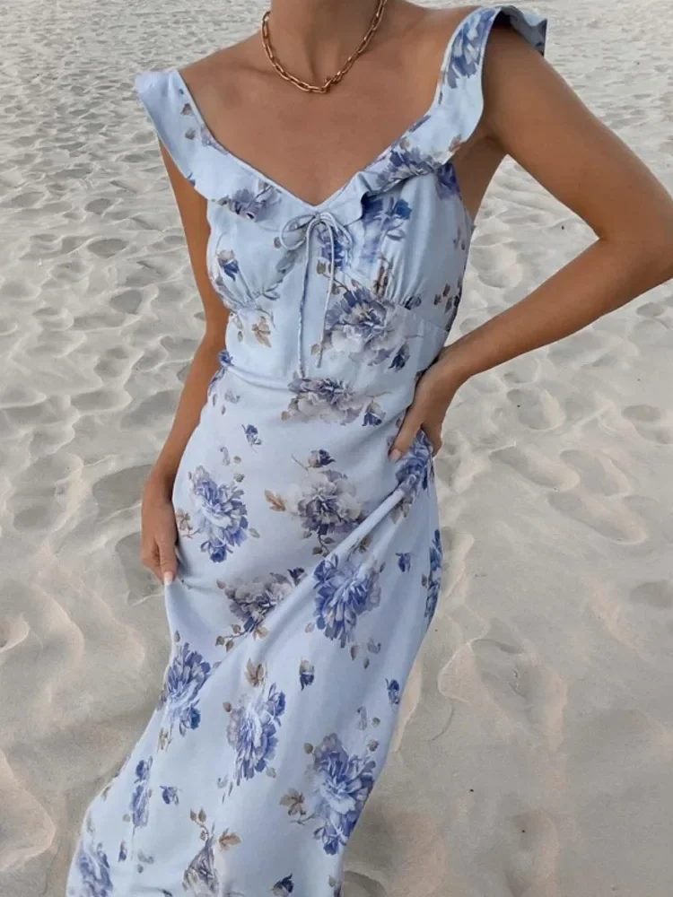 

Elegant V-neck Flower Printed Women Maxi Dress Yellow Sleeveless Ruffle High Waist Slim Dresses Summer Lady Holiday Party Robes