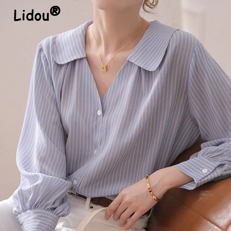 

2022 Spring Summer New Fashion Design Blue Striped Blouse Long Sleeve V-neck Loose Casual Shirt Korean Style Office Lady Shirts