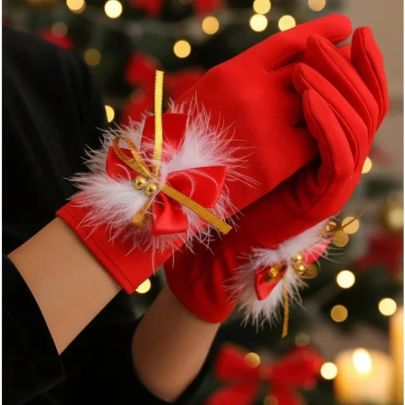 1pc Christmas Red Gloves winter Warm Santa Bowknot Cosplay Gloves Women's Short Stretch Costume Accessories for Christmas Party