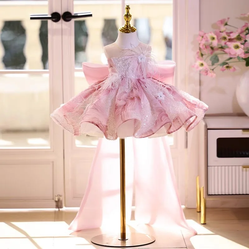 Children Girls FormalBirthday Party Banquet Performance Princess Gown Costume Dress Pink Vintage Fashion Kids Host Birthday